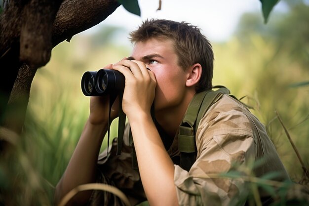 멸종 위기에 처한 동물을 발견할 수 있는지 확인하기 위해 쌍안경을 통해 보는 젊은 남자의 사진