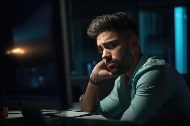 Shot of a young man looking tired while working late in his office created with generative ai