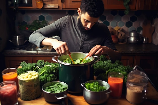 Снимка молодого человека, делающего овощный суп из капусты, созданный с помощью генеративного искусственного интеллекта