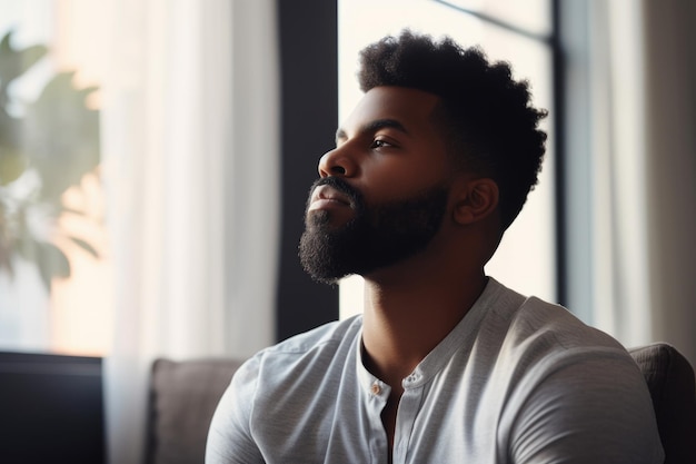 Photo shot of a young man meditating and relaxing at home created with generative ai