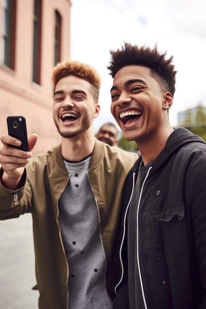 Shot of a young man mocking his friend while recording him on his cellphone