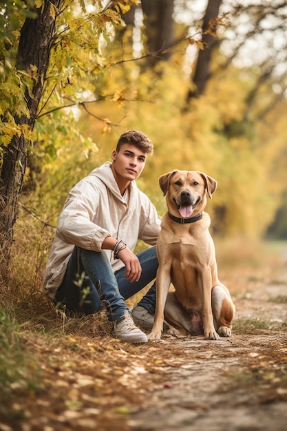 Shot of a young man out in nature with his dog