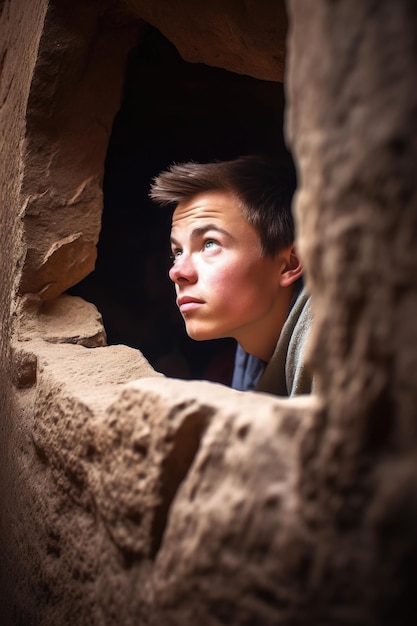 Shot of a young man peering through a hole in the wall of an ancient site created with generative ai