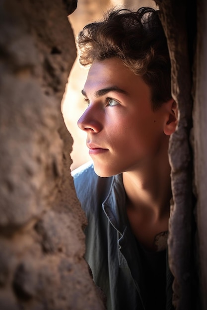 Shot of a young man peering through a hole in the wall of an ancient site created with generative ai