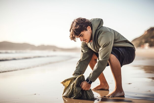 Foto scatto di un giovane che raccoglie rifiuti sulla spiaggia creato con l'ia generativa