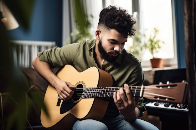 Shot of a young man playing on his guitar at home created with generative ai