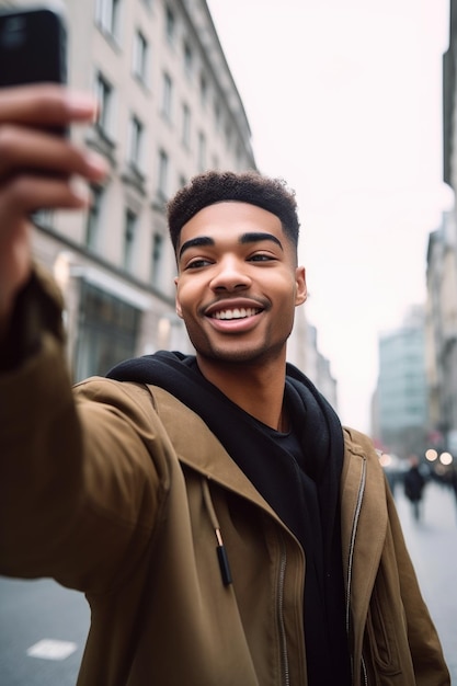 Foto inquadratura di un giovane che posa per un selfie in città