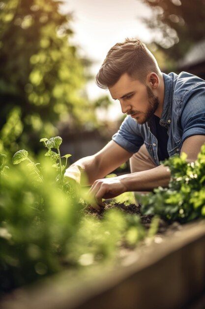 生成 AI で作成された、庭で植物を剪定する若い男性のショット