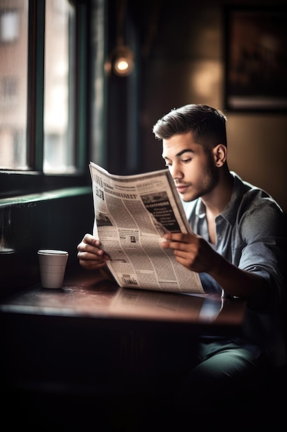 ジェネレーティブAIで作られたカフェで新聞を読んでいる若者のショット