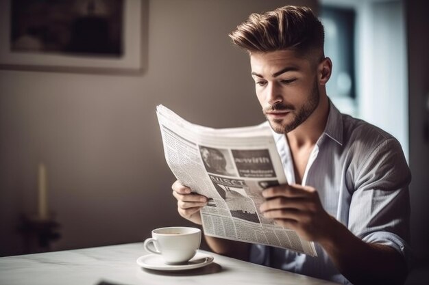 家でコーヒーを飲みながら新聞を読んでいる若者のショットがジェネレーティブAIで作成されました