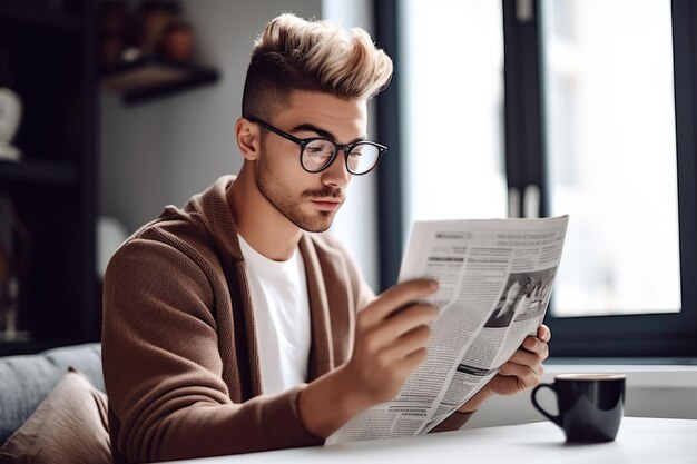 Снимка молодого человека, читающего газету, пьющего кофе дома, созданная с помощью генеративного искусственного интеллекта