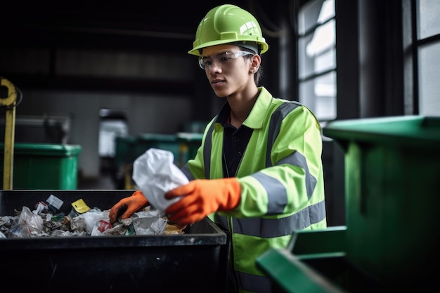 Снимка молодого человека, перерабатывающего на заводе по утилизации отходов