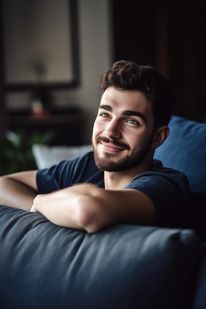 Shot of a young man relaxing on the sofa at home created with generative ai