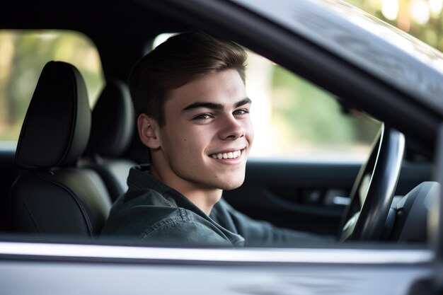 Shot of a young man sitting in the driver seat of a car created with generative ai