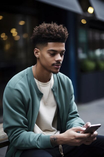 Photo shot of a young man sitting outside on his mobile phone