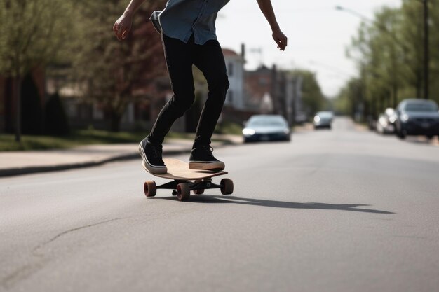 ジェネレーティブAIで作成されたスケートボードで道路をスケートする若者のショット