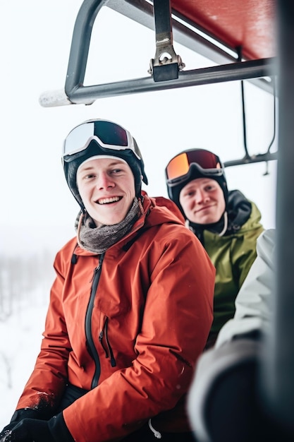 Shot of a young man on a ski lift with his friend created with generative ai