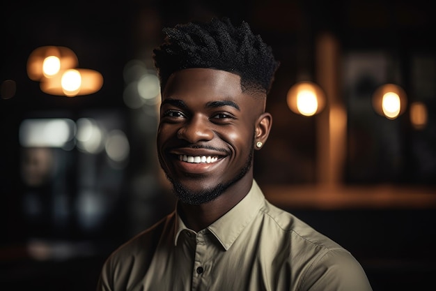 Shot of a young man smiling while standing in his restaurant created with generative ai