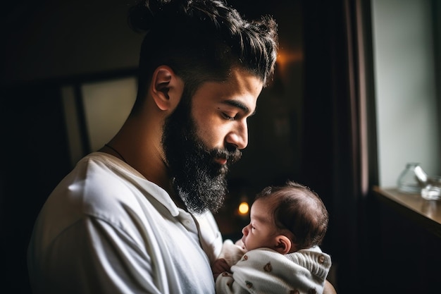 Shot of a young man spending time with his newborn baby daughter at home created with generative ai