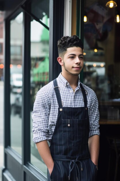 shot of a young man standing outside his restaurant created with generative ai