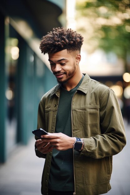 Shot of a young man standing outside and using his mobile phone created with generative ai