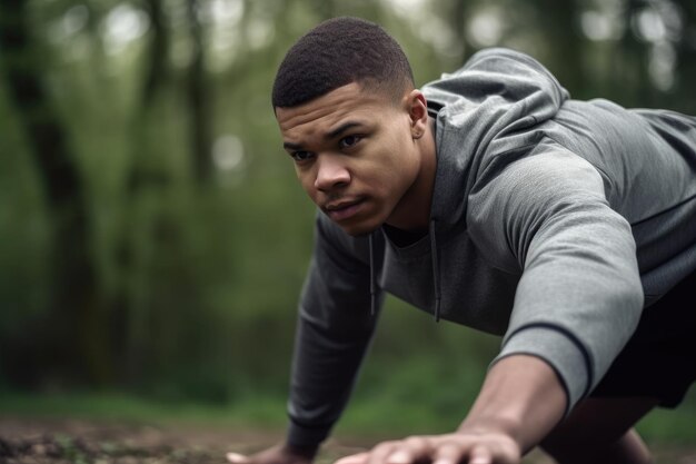 Shot of a young man stretching before an outdoor bootcamp