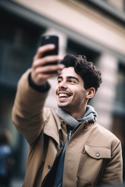 Снимка молодого человека, фотографирующегося на мобильном телефоне.