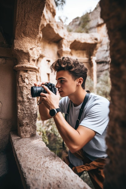 생성 AI로 만든 고대 유적지를 탐험하는 동안 사진을 찍는 젊은 남자의 