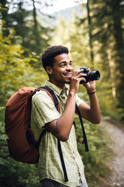 Shot of a young man taking pictures while out on a hike