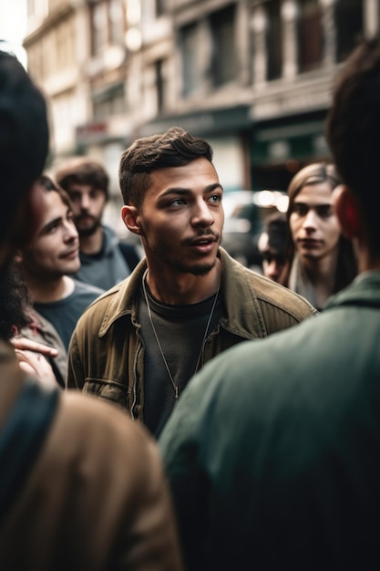 Shot of a young man talking to a group of people in the city