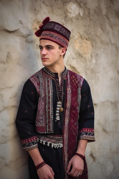 Shot of a young man in traditional clothing posing against a wall outside created with generative ai