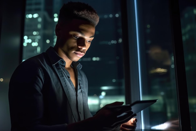 Снимок молодого человека, использующего цифровой планшет в офисе ночью, созданный с помощью генеративного ИИ