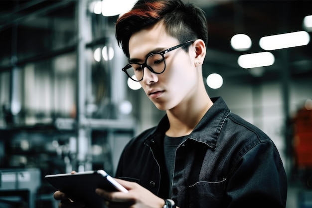 Shot of a young man using a digital tablet while working at a factory created with generative ai