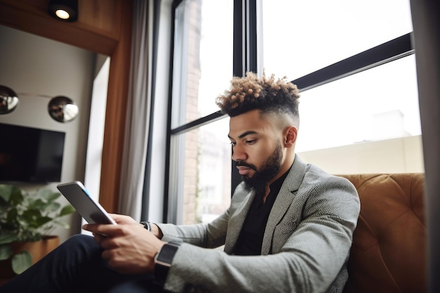 집에 있는 사무실에서 일하는 동안 디지털 태블릿을 사용하는 젊은 남자의 사진