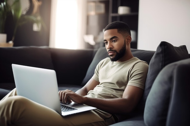 Shot of a young man using his laptop while sitting on the sofa at home created with generative ai