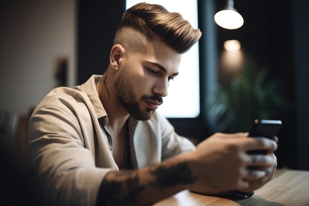 Shot of a young man using his phone while working from home