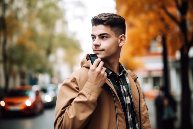 Shot of a young man using a phone outside created with generative ai