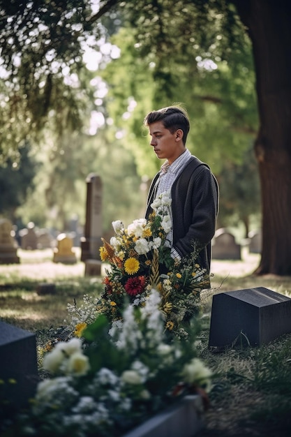 Shot of a young man visiting the graveside of his loved ones created with generative ai