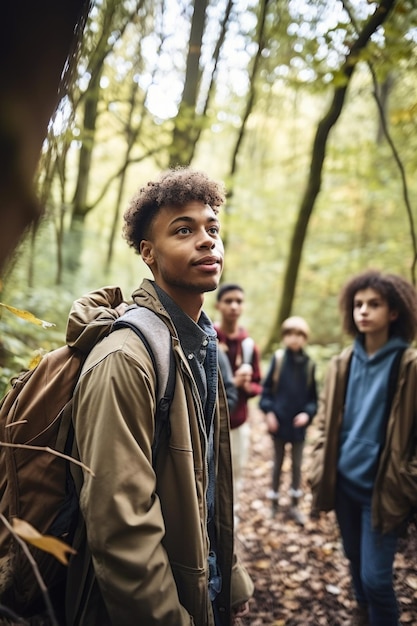 Shot of a young man visiting a nature park with his students created with generative ai