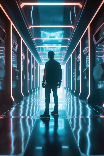 Shot of a young man walking down a futuristic hallway in created with generative ai