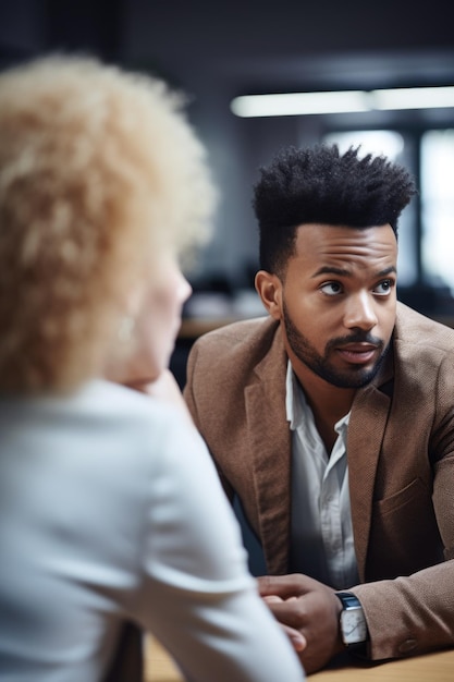 Shot of a young man and woman having a discussion in their office created with generative ai