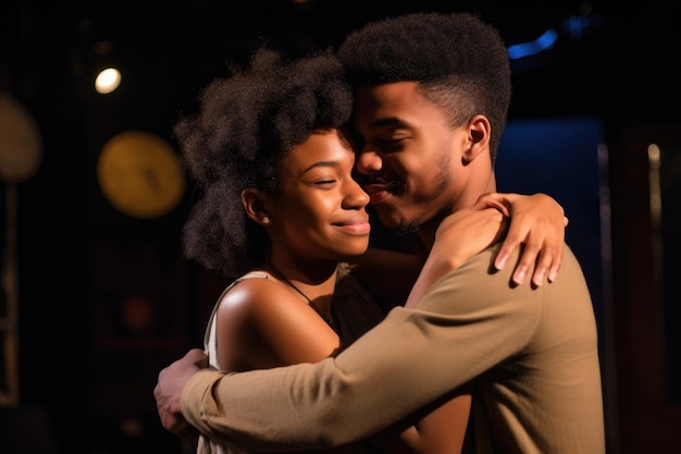 Photo shot of a young man and woman hugging at a poetry slam