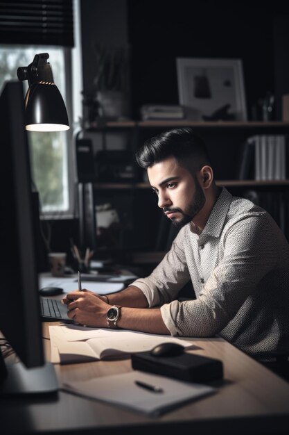 Shot of a young man working at his desk in an office created with generative ai