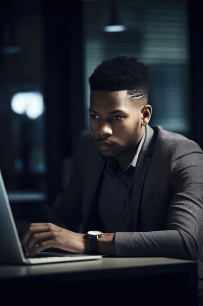 Shot of a young man working on his laptop in the office created with generative ai