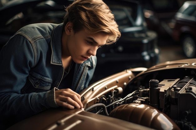 Shot of a young man working under the hood of his classic car created with generative ai