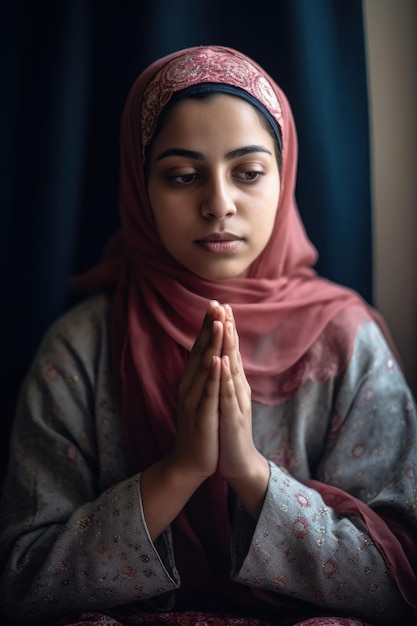 Shot of a young muslim woman sitting in prayer position at home