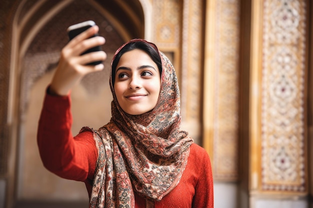 Photo shot of a young muslim woman taking a selfie at the mosque