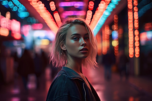 A shot of a young Norse woman photo taken in Beijing city at night with neon lights behind