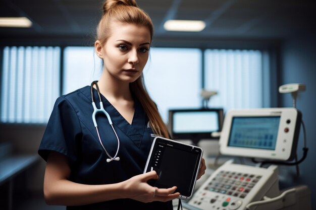 Снимок молодой медсестры, держащей электрокардиограф, созданный с помощью генеративного ИИ