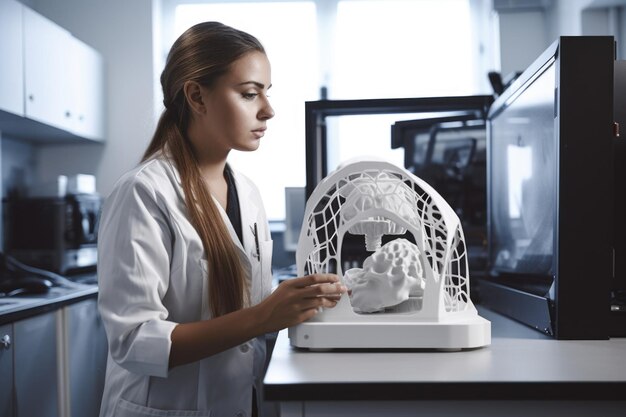 Shot of a young scientist using a d printer in her lab created with generative ai